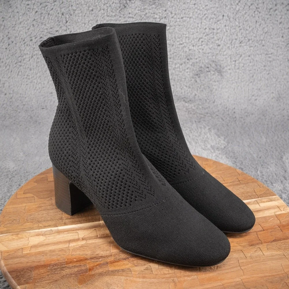 Born Meggs Knit F54322 Black‎ Pull On Block Heels Ankle Bootie Womans Size 9 M